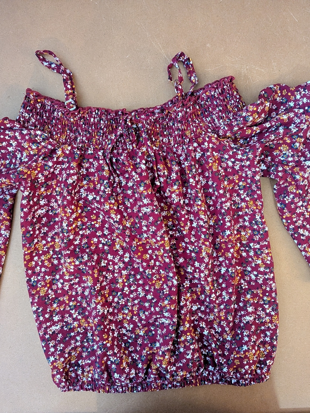 Amy Byer Burgundy Floral Smocked Off-Shoulder Top Girls Size 10/12